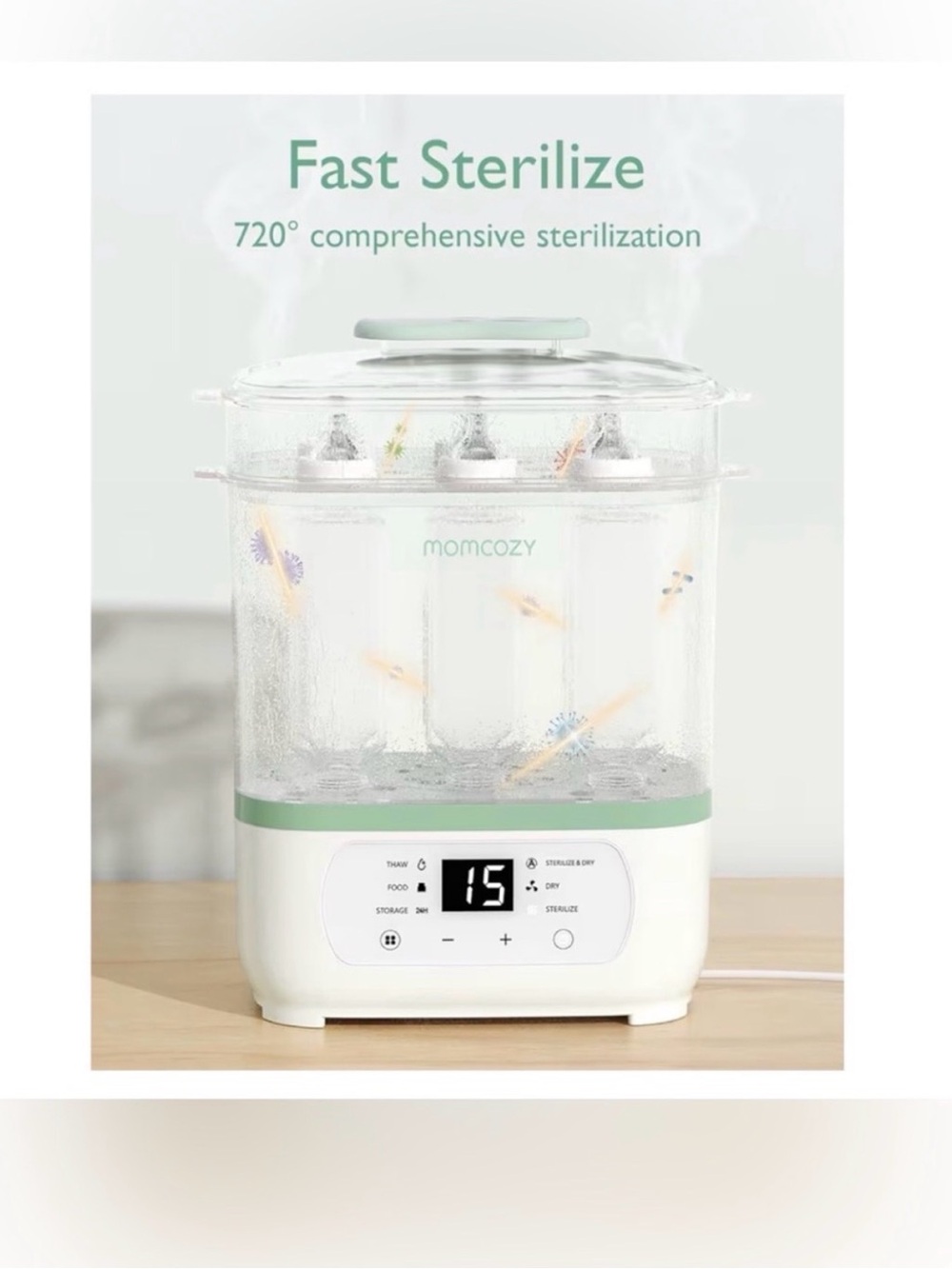 NIB - Momcozy Green and White Electric Baby Bottle Sterilizer - Picture 2 of 6